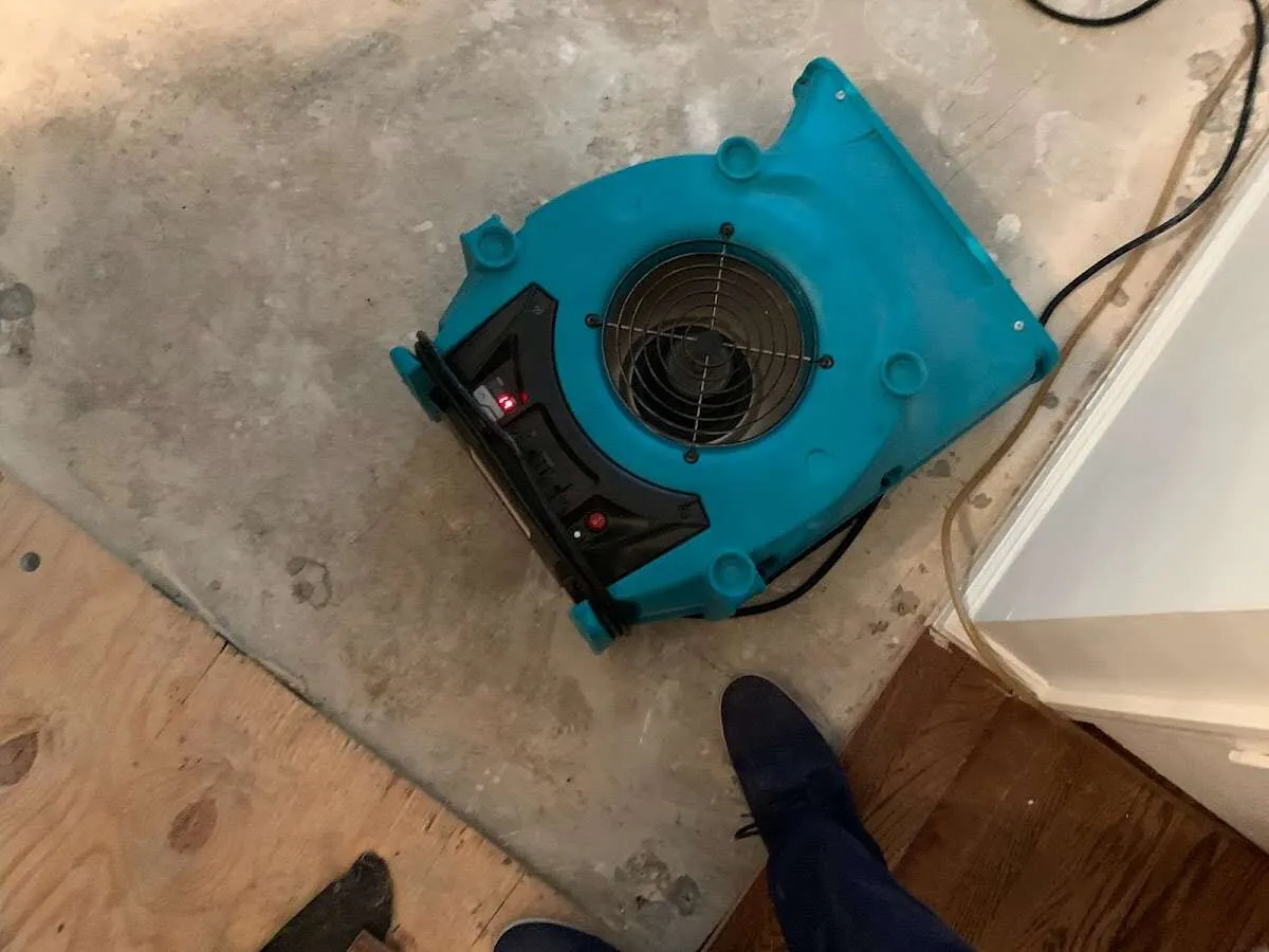 Air mover drying subfloor during Commercial Water Damage Restoration in Lake Dallas